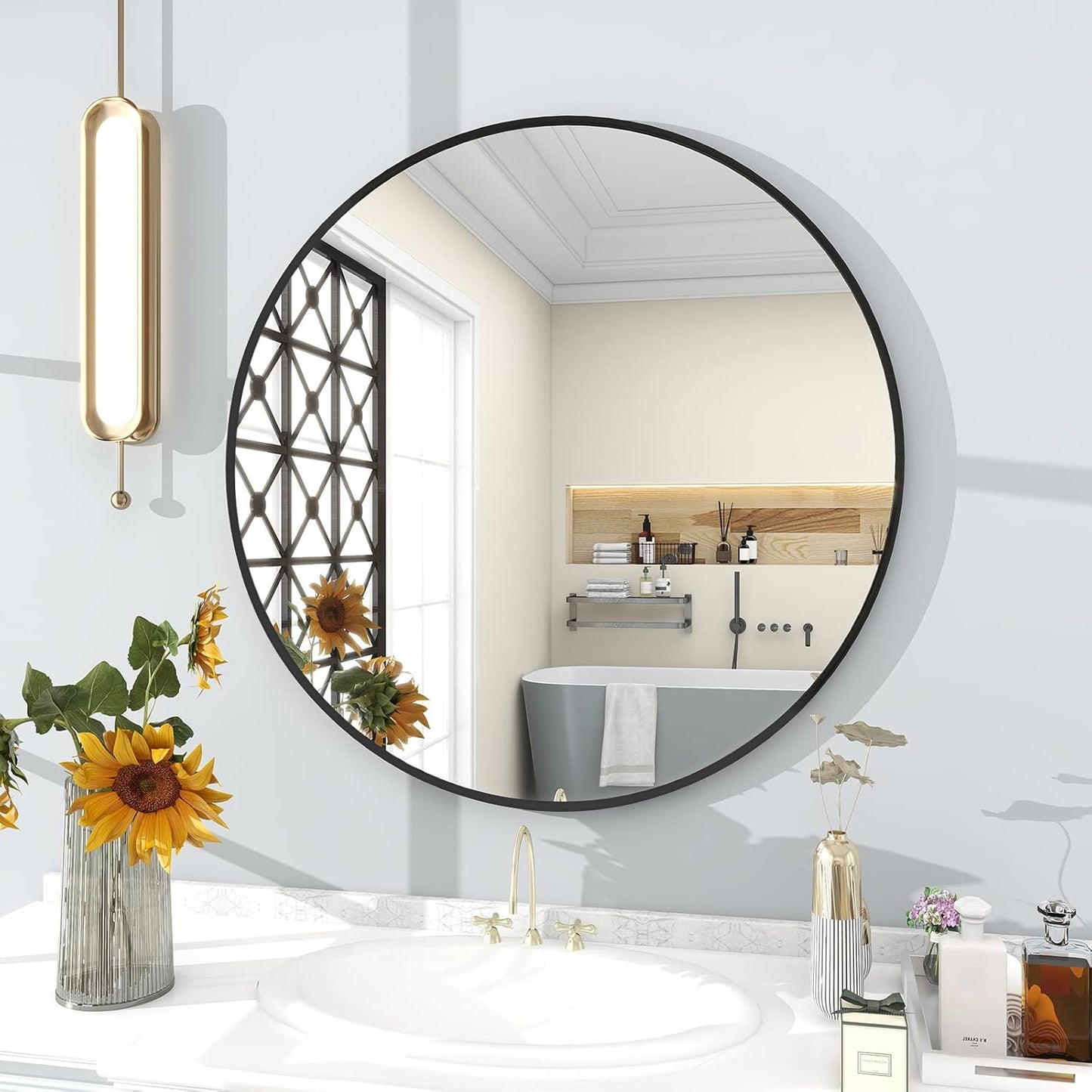 BEAUTYPEAK 30 Inch Round Mirror, Black Metal Frame Circle Mirror, Wall Mirror for Entryway, Bathroom, Vanity, Living Room, Black Circle Mirror