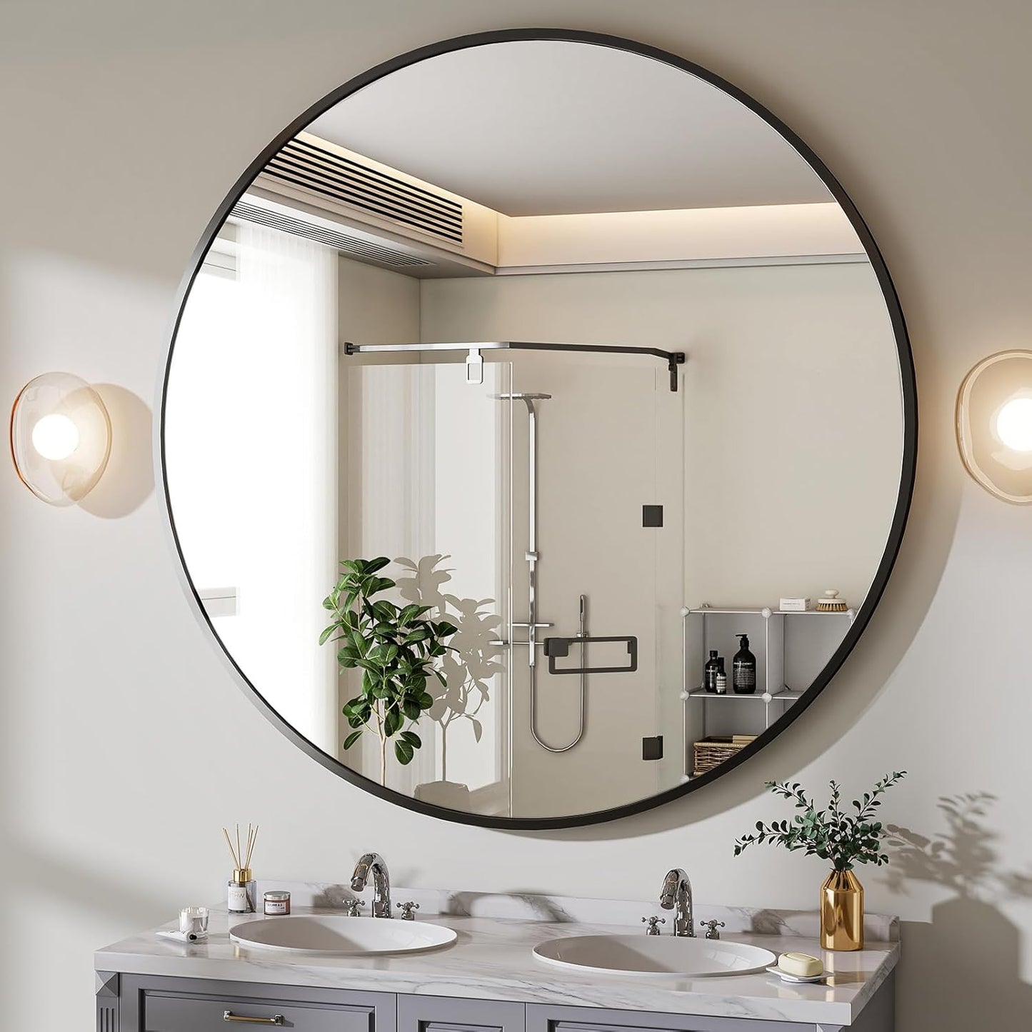 BEAUTYPEAK 30 Inch Round Mirror, Black Metal Frame Circle Mirror, Wall Mirror for Entryway, Bathroom, Vanity, Living Room, Black Circle Mirror