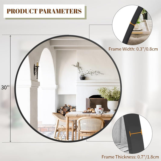 BEAUTYPEAK 30 Inch Round Mirror, Black Metal Frame Circle Mirror, Wall Mirror for Entryway, Bathroom, Vanity, Living Room, Black Circle Mirror